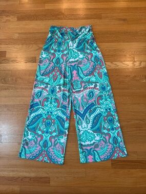 Tracy Negoshian Teal, Pink & White Paisley Wide Leg Pants